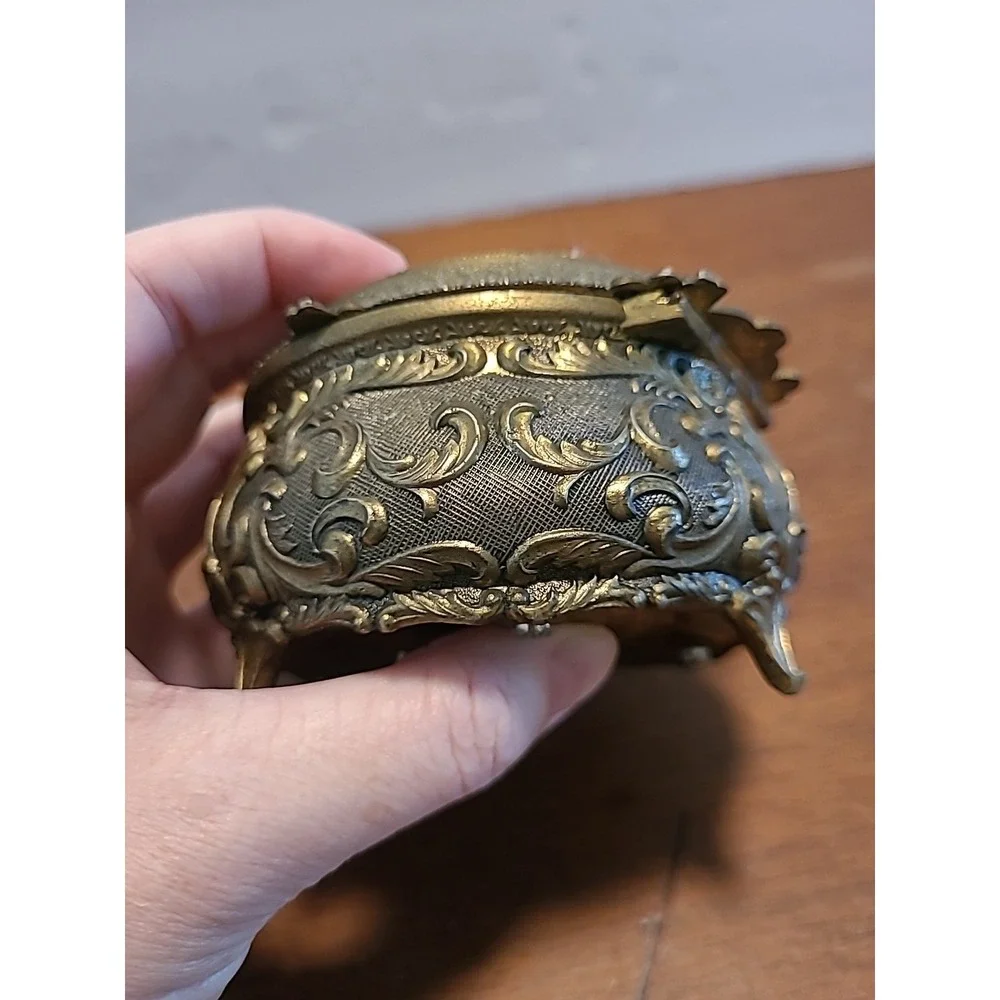 Vintage Sankyo Japan Jewelry Trinket Music Box Floral Cross Stitch Cushion Brass